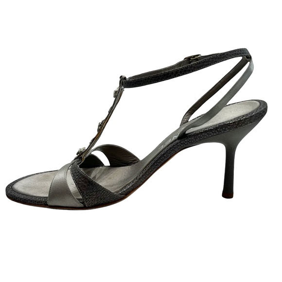 CHANEL LIZARD/SATIN GRAY CRYSTAL STAR & CC LOGO HEELED T-STRAP SANDALS - Picture 5 of 16